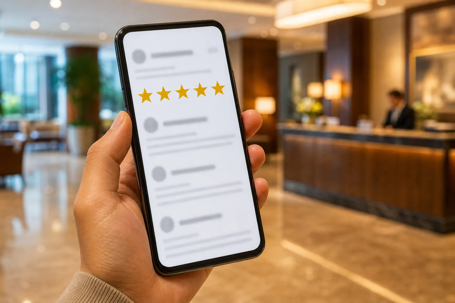 Mano che tiene uno smartphone con schermata di recensioni a cinque stelle, reception hotel sfocata sullo sfondo
