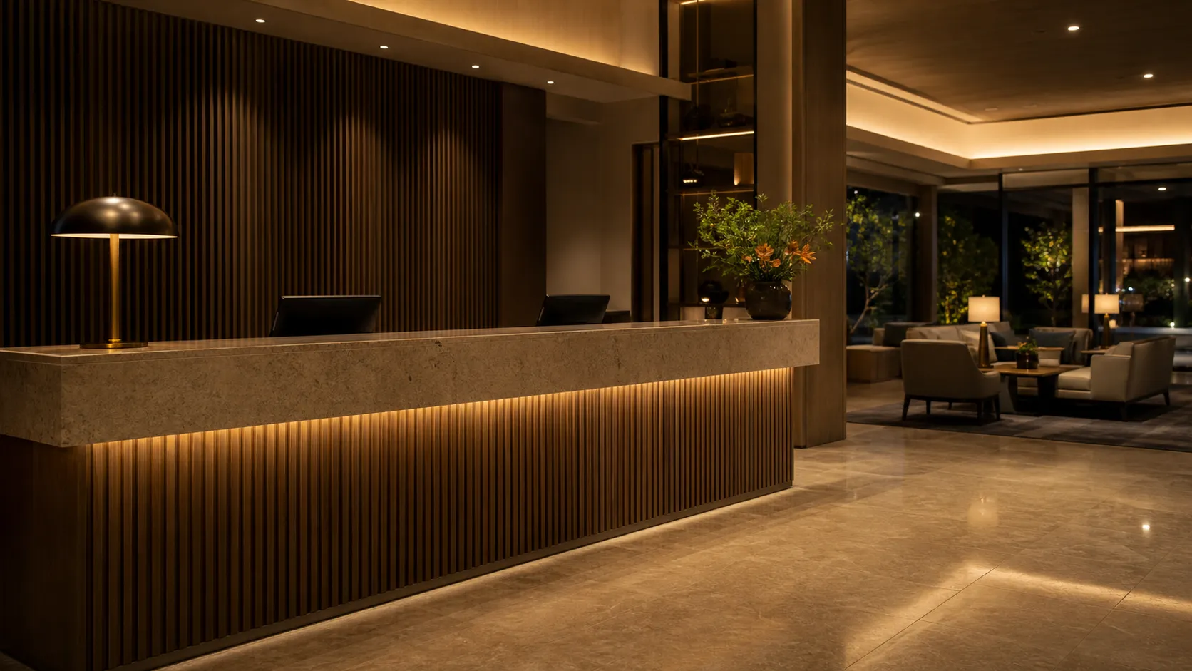 Banco reception vuoto in un hotel moderno, illuminazione calda serale