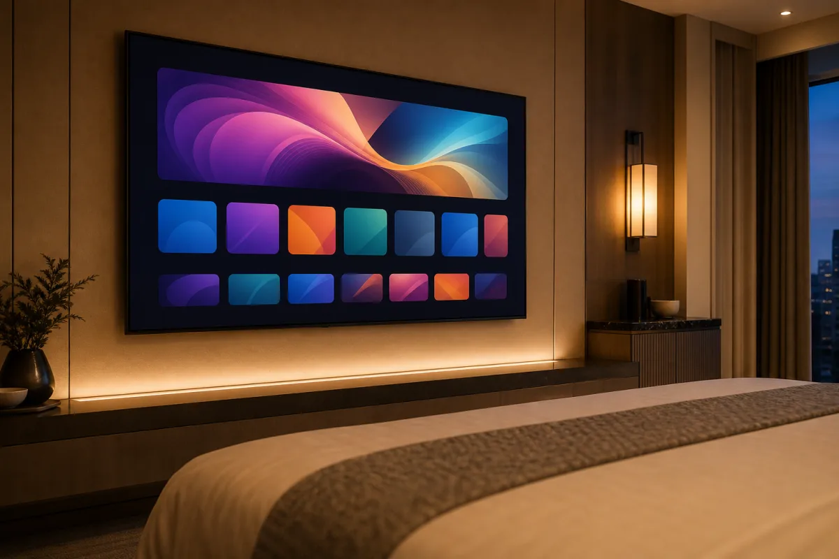 Smart TV a parete in una camera di hotel moderna con interfaccia di streaming sullo schermo