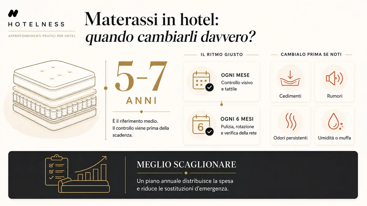 Infografica sulla sostituzione dei materassi in hotel: ogni 5-7 anni, con controlli mensili e semestrali e segnali da non ignorare come cedimenti, rumori e umidità