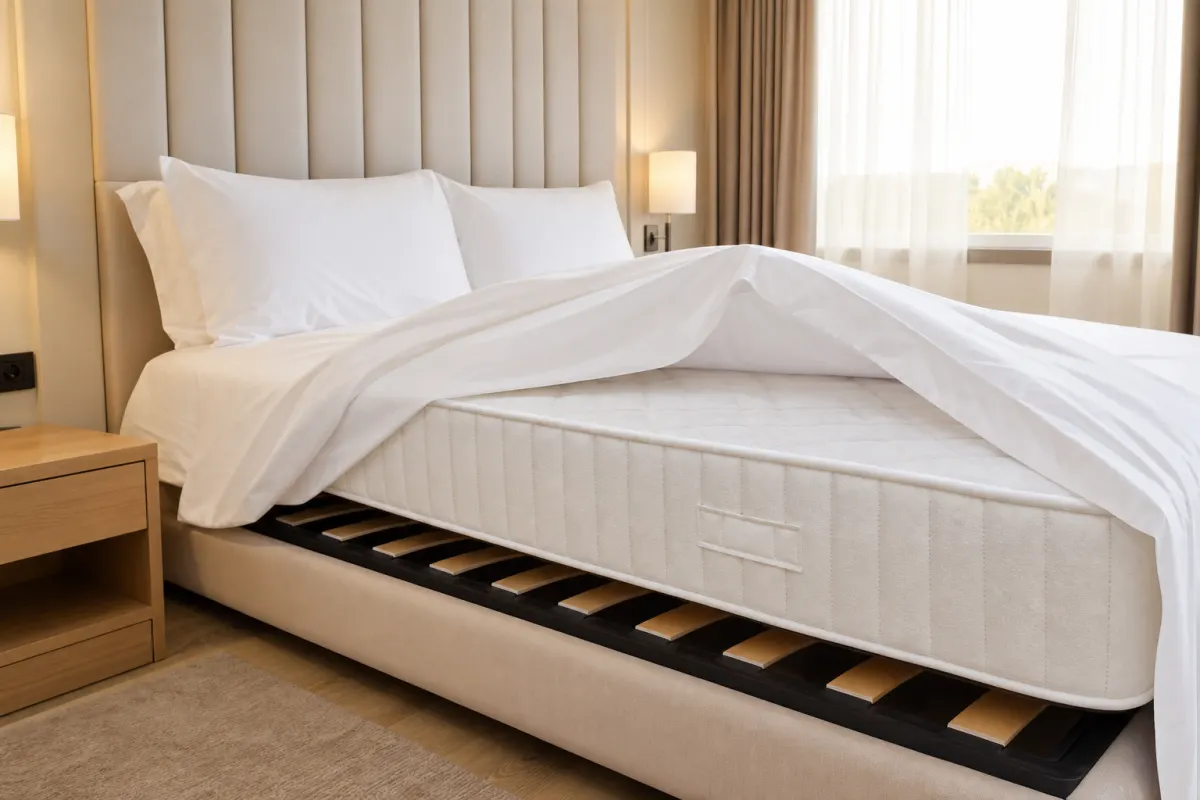 Materasso bianco su rete a doghe con lenzuola sollevate durante un controllo in una camera di hotel