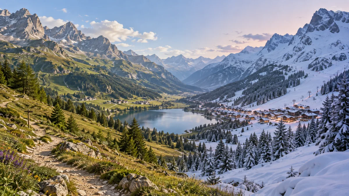 Valle alpina mostrata con prati estivi a sinistra e neve invernale a destra