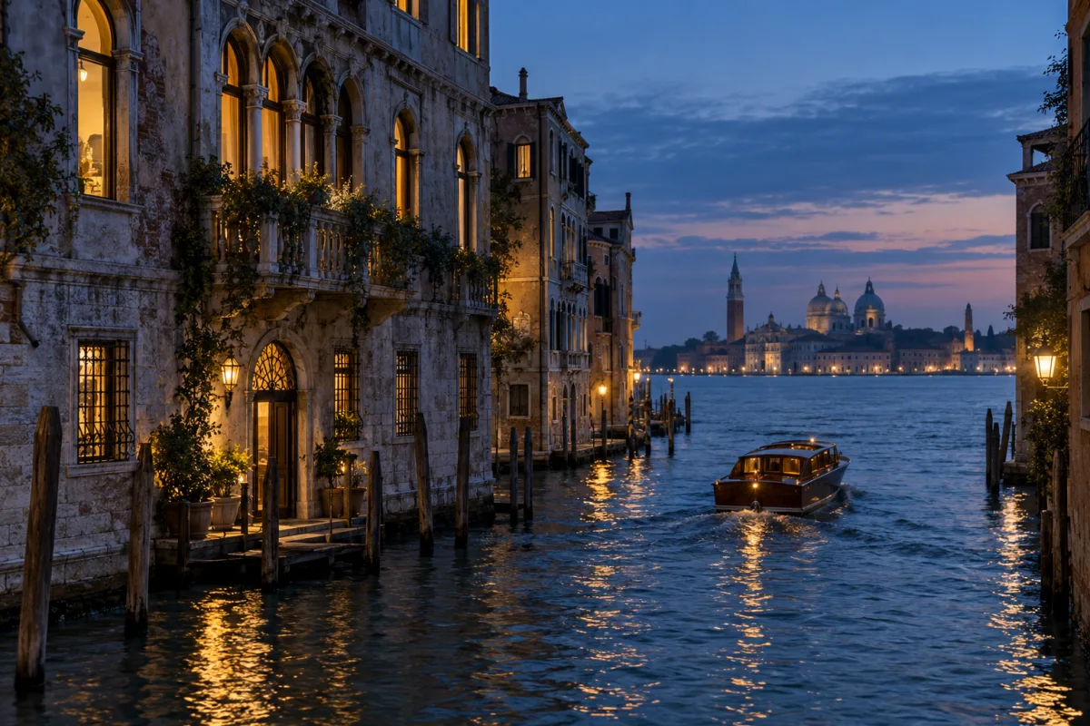 Scena illustrativa di un canale veneziano al crepuscolo; non ritrae Airelles Palladio né Orient Express Venezia