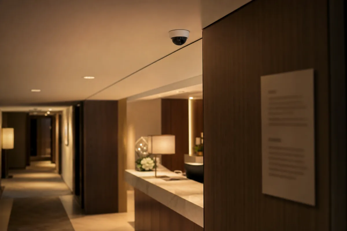 Telecamera di videosorveglianza discreta montata a soffitto in un corridoio elegante di hotel, con cartello informativo privacy sulla parete
