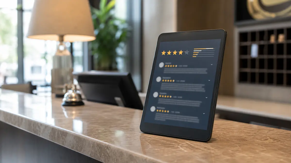 Tablet che mostra una schermata di recensioni con voto medio a stelle su un banco reception di hotel