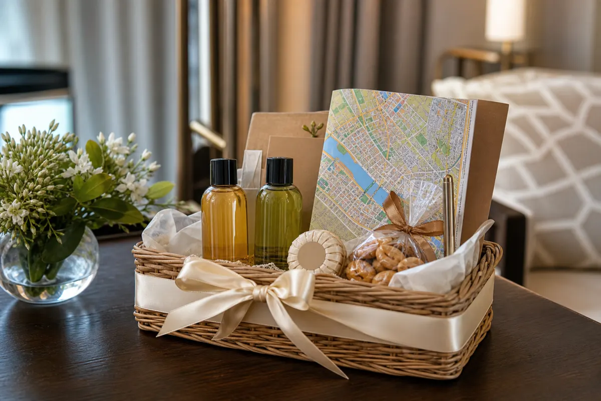 Cestino di benvenuto in vimini con mignon da bagno, prodotto tipico locale, mappa della città e penna su un tavolo di camera d'hotel