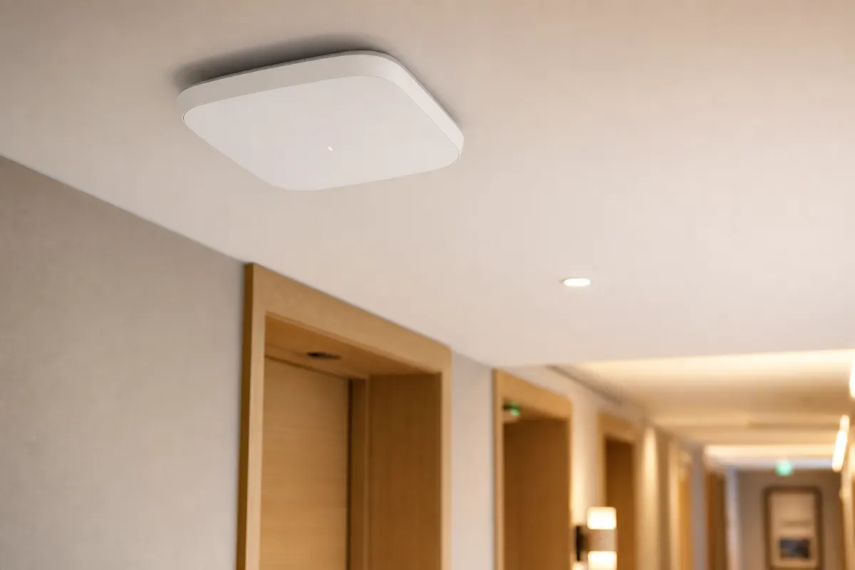 Router e access point Wi-Fi professionale a muro in un corridoio di hotel